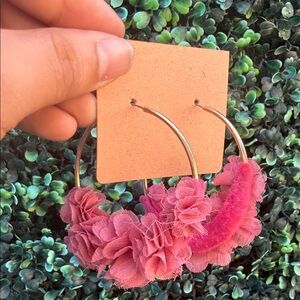 Floral Hoop Earrings - Pink Fabric Petal Hoops